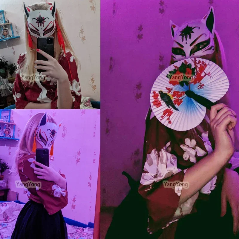 Hand Painted Kitsune Large Fox Mask for Cosplay, Japanese Kabuki Traditional Masks Christmas