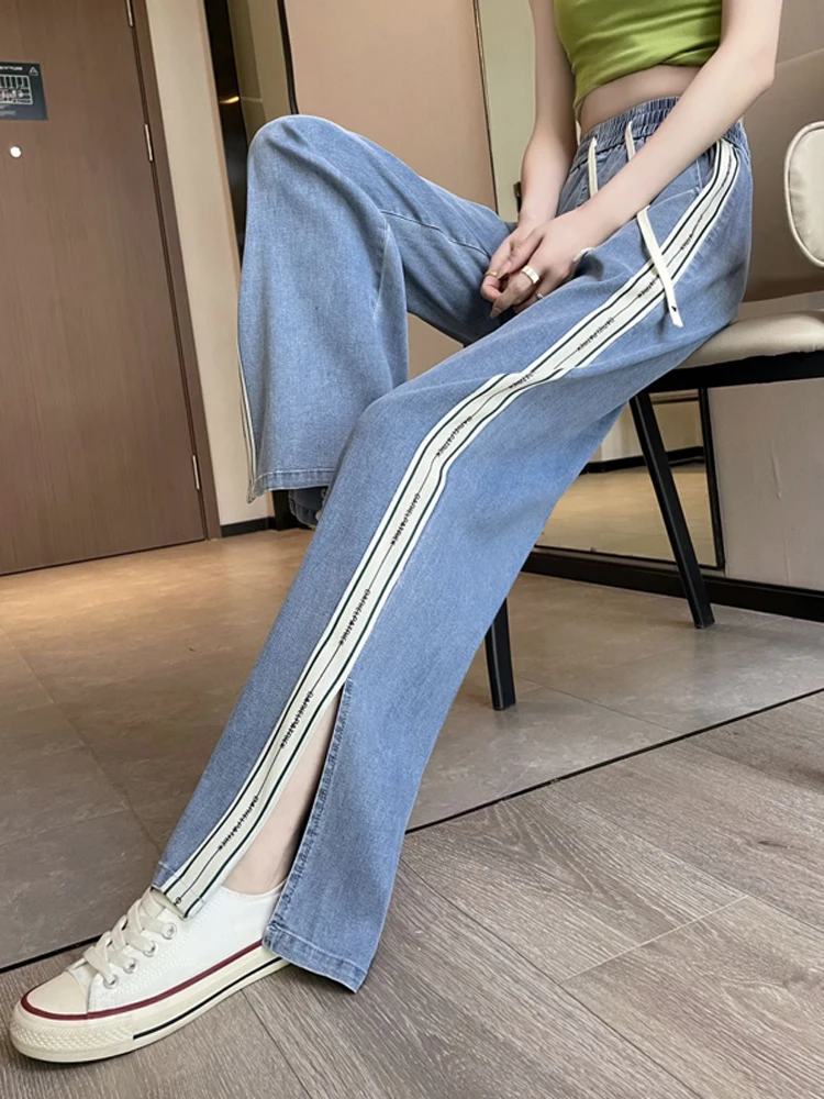 

Split Jeans Women's Summer 2023 New Ice Silk Wide Leg Pants High Waist Loos Straight Leg Pants