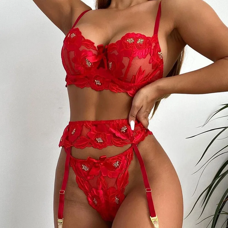 Lingerie mulher sexy vermelho reunião sutiã lingerie feminina roupa interior três peças liga cinto conjunto ver através de sutiã de renda e calcinha conjunto