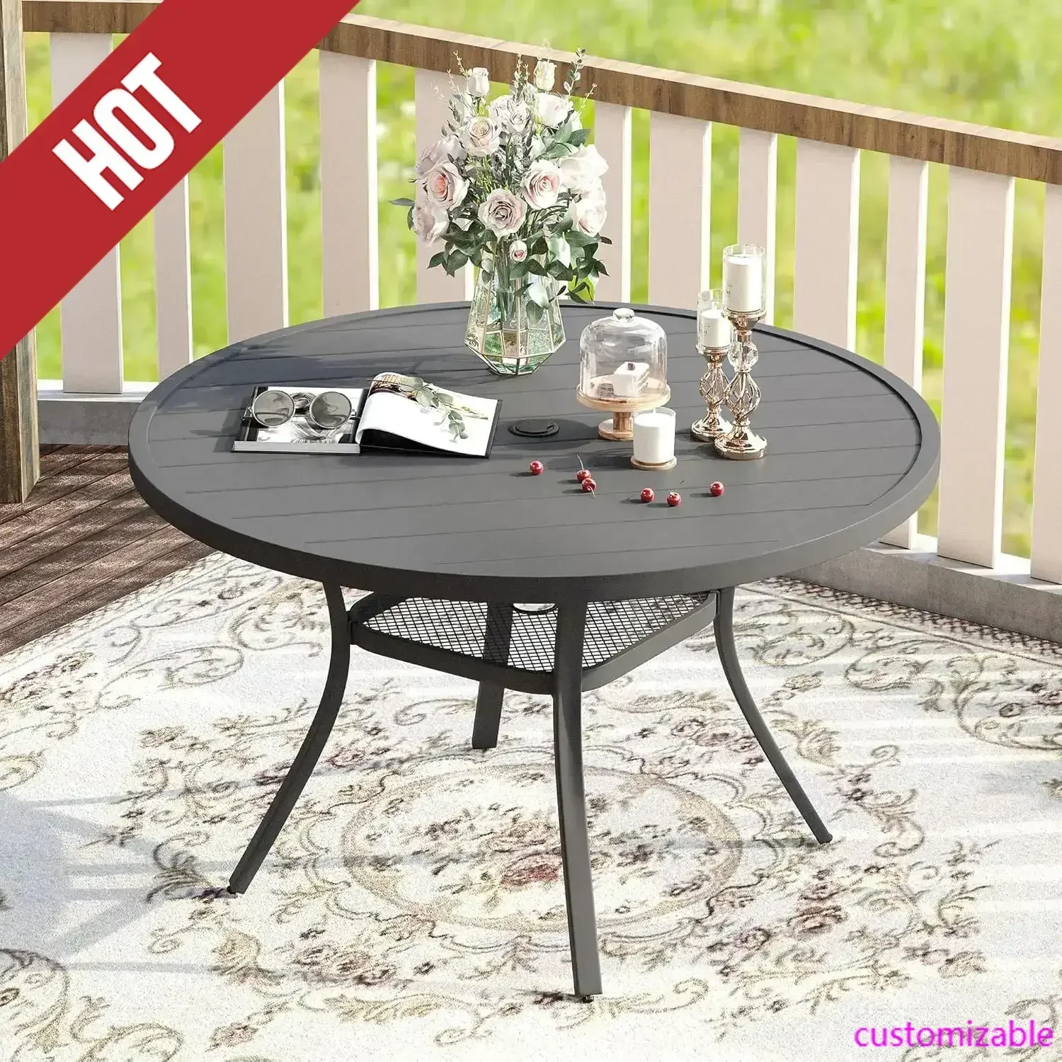 

2025 Hot 47.2" Outdoor Round Patio Table For Lawn Garden, All Weather Metal Round Patio Dining Table With Adjustable Umbrella Ho
