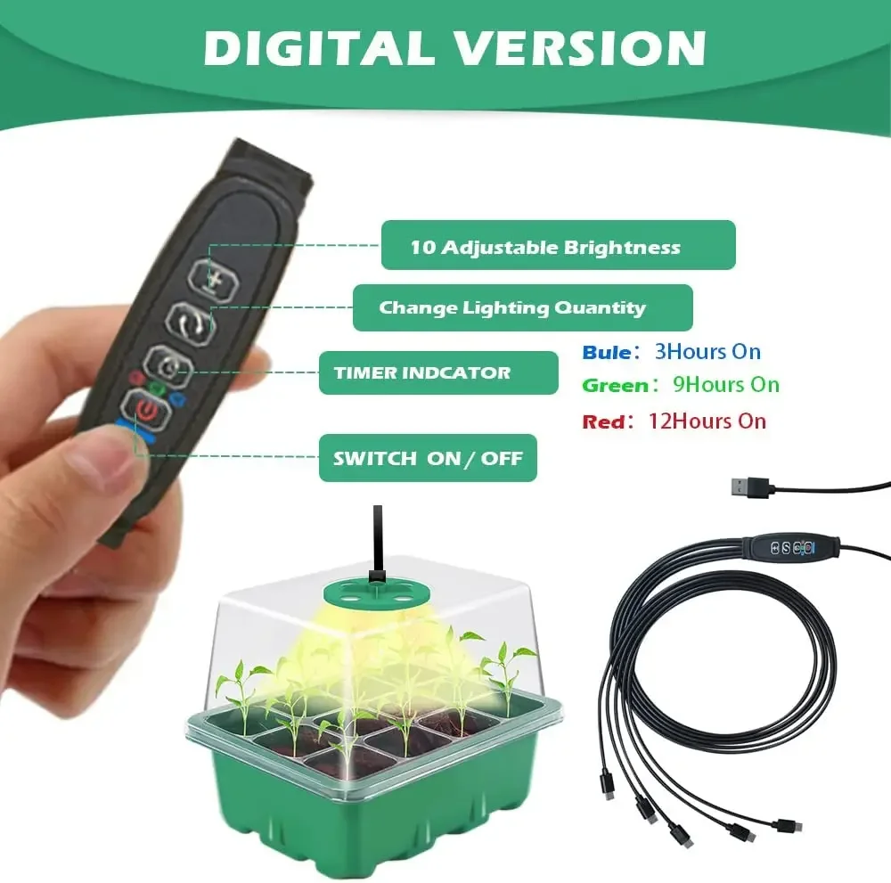 Samen-Starter-Tablett-Box mit LED-Wachstumslicht, Kindergartentopf mit Timer, Sämling, Keimung, Pflanzgefäß, verstellbare Belüftung, Luftfeuchtigkeit