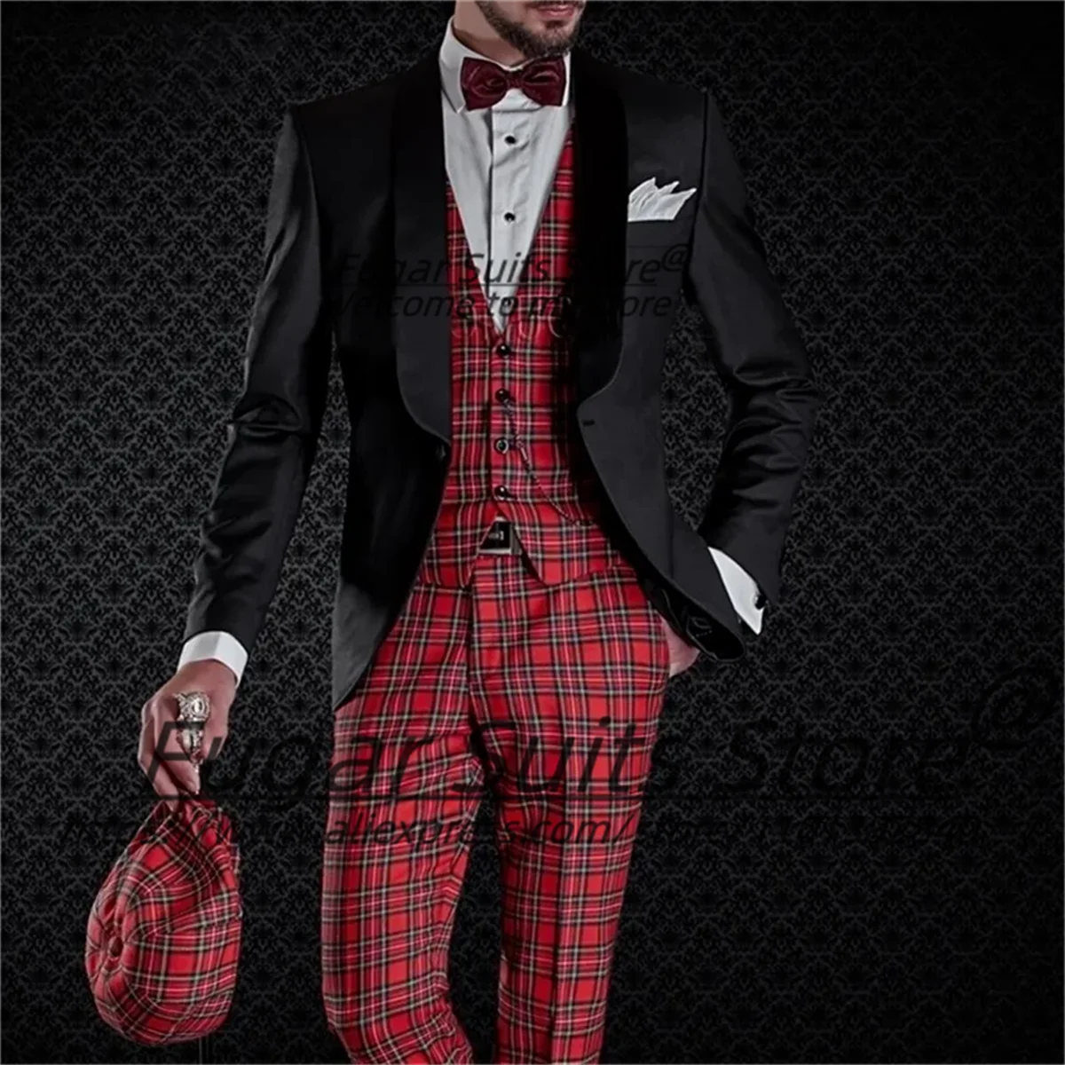 

Customized Plaid Men Suits Slim Fit Shawl Lapel Groom Wedding Tuxedos 3 Pieces Sets Business Male Party Blazers Ropa Hombre