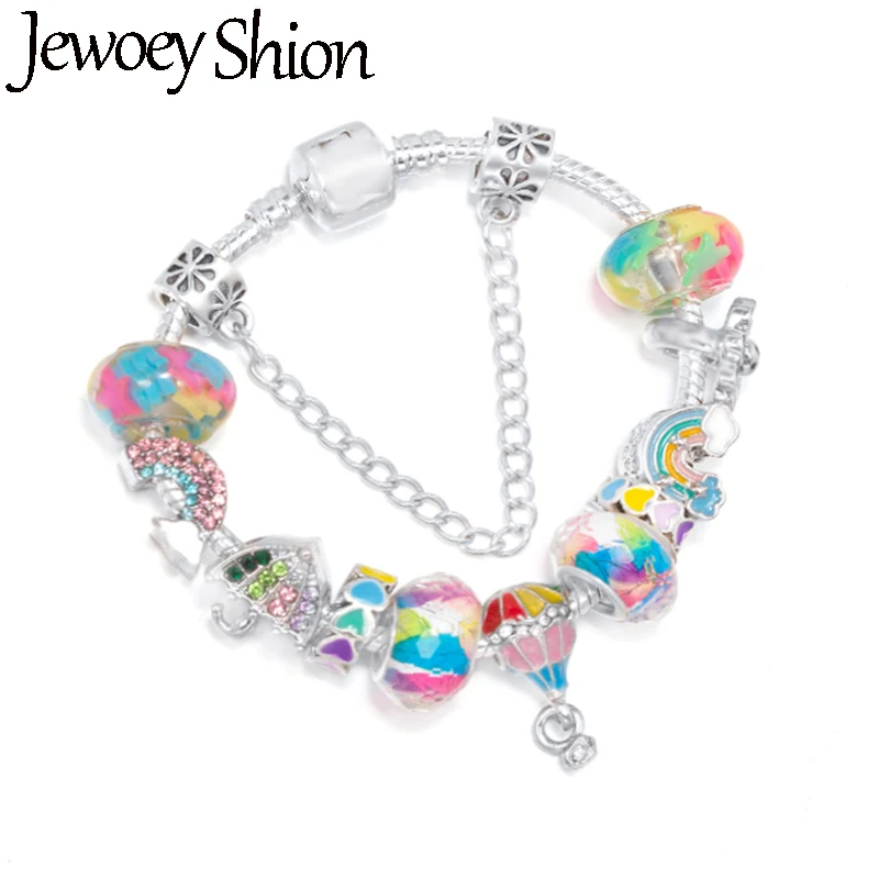 Rainbow & Flower Beads With Colorful Hot Air Balloon Pendent Chain DIY Brand Charm Bracelet Jewelry For Women Making Gift New