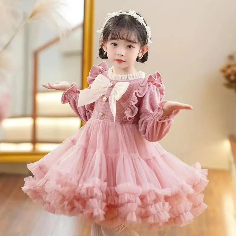 Autumn Winter Korean Harajuku Sweet Girls Princess Dress Kawaii Bow Party Dress Long Sleeve Ball Gown Solid Children\'s Clothing