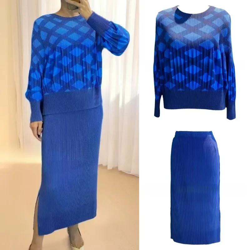 

Miyake Pleated Skirt Suit 2025 Fall Winter New Premium Sense Plaid Round Neck Long-sleeved Top Basic Peplum Half Skirt Fold Suit