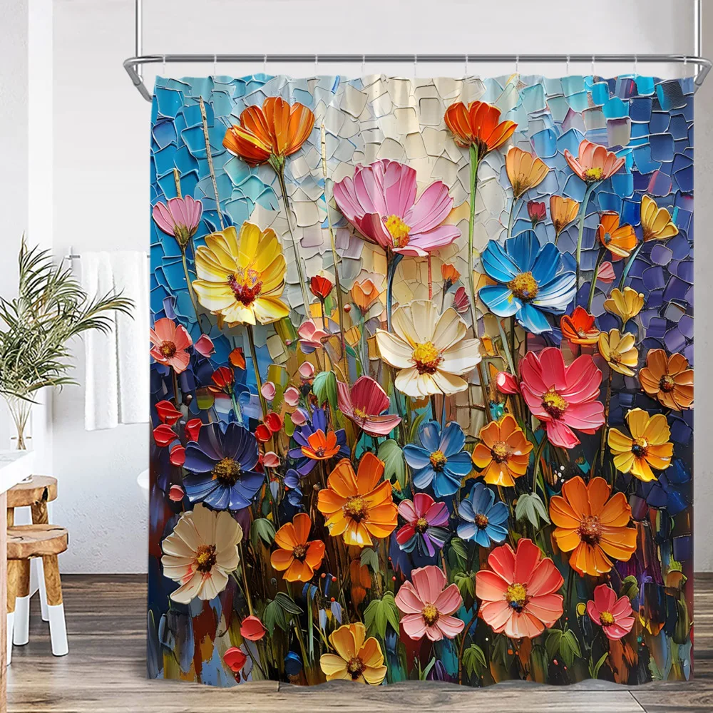 

Цветочная шторка для душа с яркими цветами: маргаритки, одуванчики, маки, листья, травы, растения. Декор для ванной комнаты. Шторка для ванны с эффектом масляной живописи.