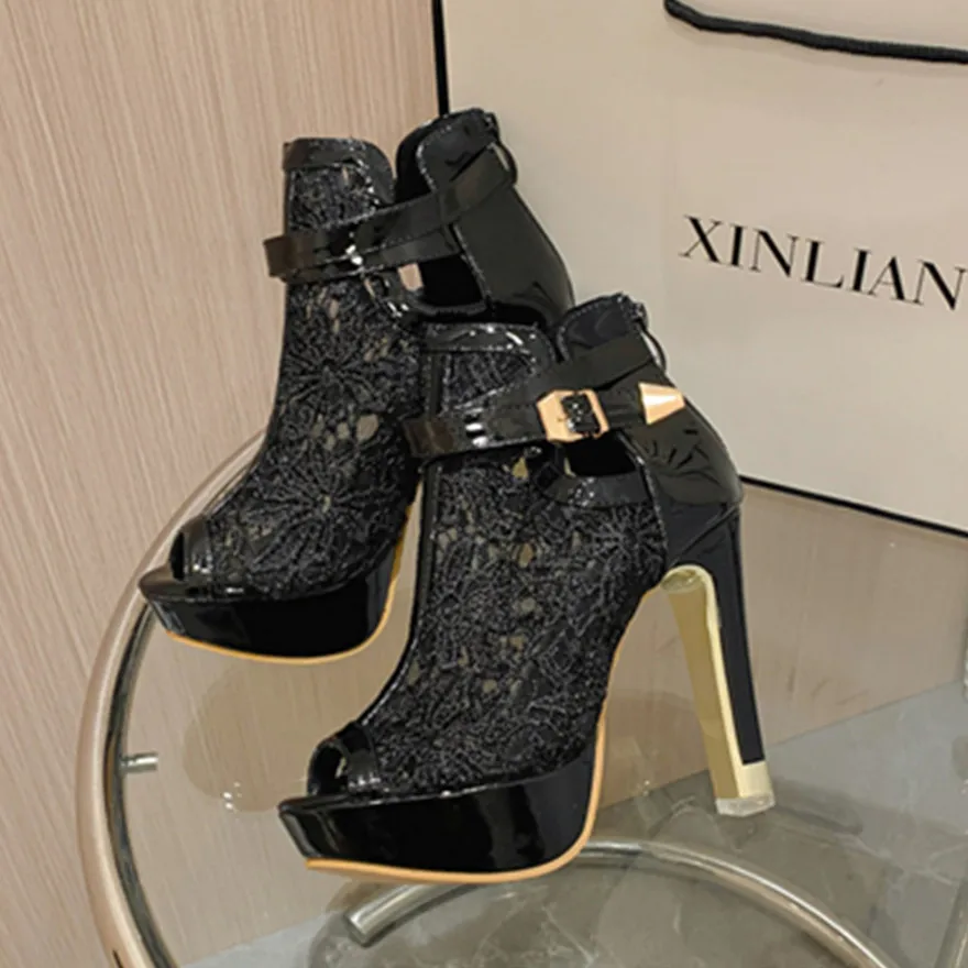 Fish Mouth High Heels Nightclub Pole Dance Stage Shoes Ultra High Heels Waterproof Platform Black Sexy Lace Strap Sandals