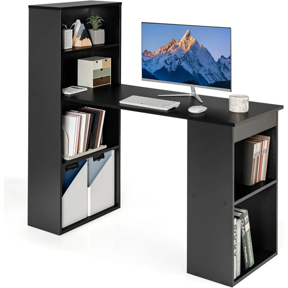 

Wooden Computer Desk, 122cm PC Laptop Writing Table with 6-Tier Storage Shelves, Modern Working Study Workstation for Home Offic