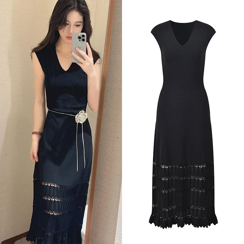 

Faionable Knitted V-Ne Hollow out Bla Dr Summer New Arrival Commute Sle Midi Length Slim Fit Dr