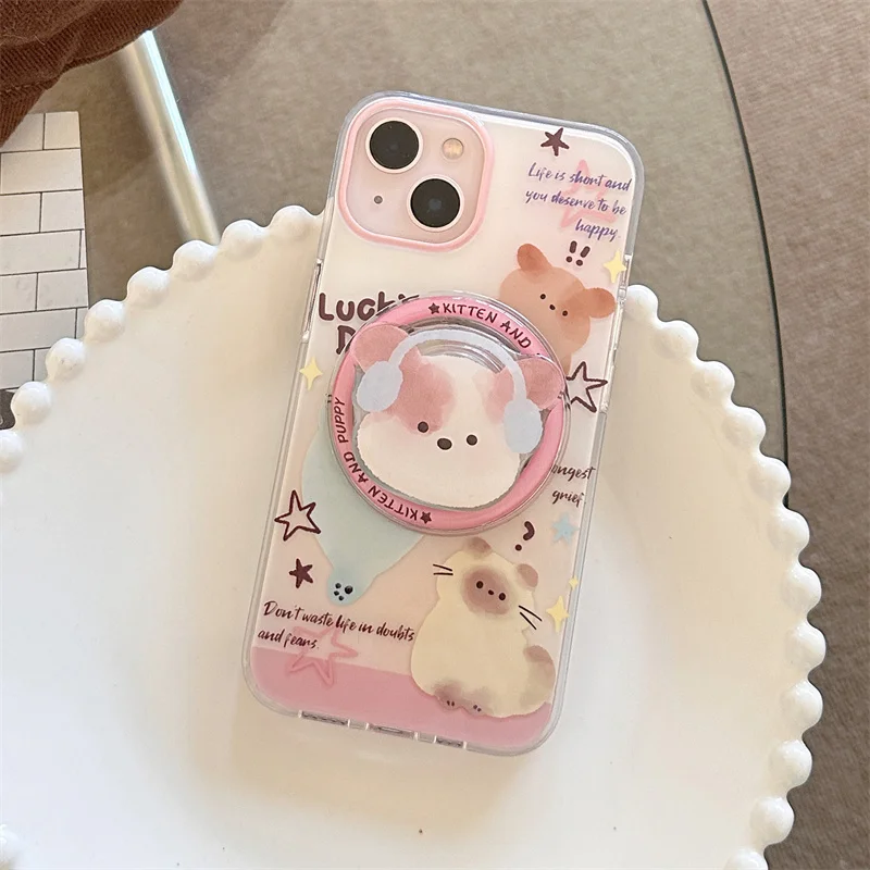 Kawaii Cartoon Cat Magnentic Phone Case For iPhone 15 Pro 12 14 13 Pro Max 14pro Cover with Magsafe Holder Fashion Cartoon Cases