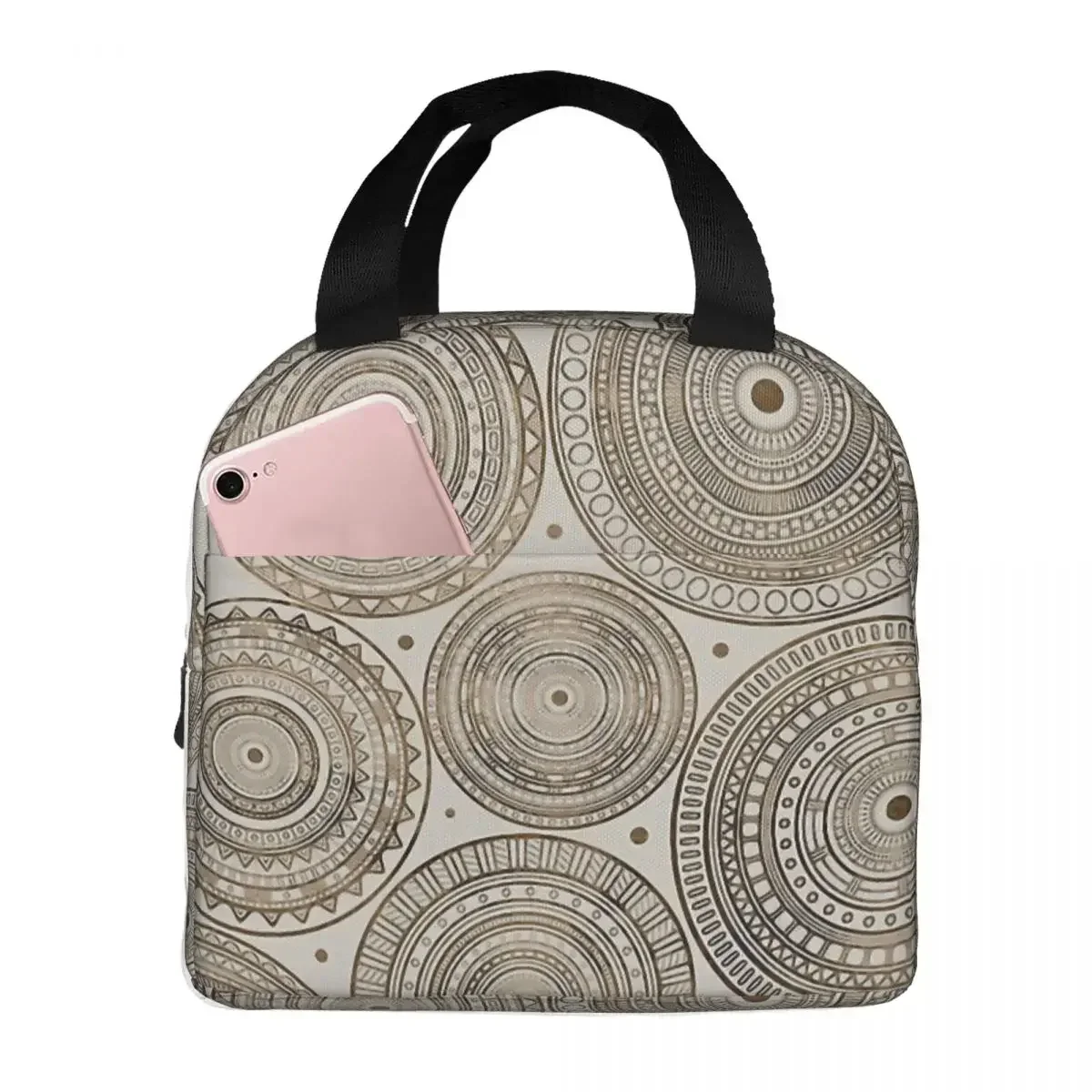 Ethnic Tribal Circular Pattern Oxford Cloth Portable Bags Egyptian Mythology School Trip Lunch Hiking Debris Cooler Food Handbag