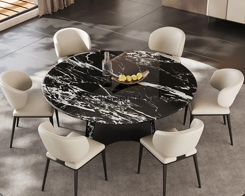 Luxury stone black rose round dining table light luxury natural marble extremely simple round table