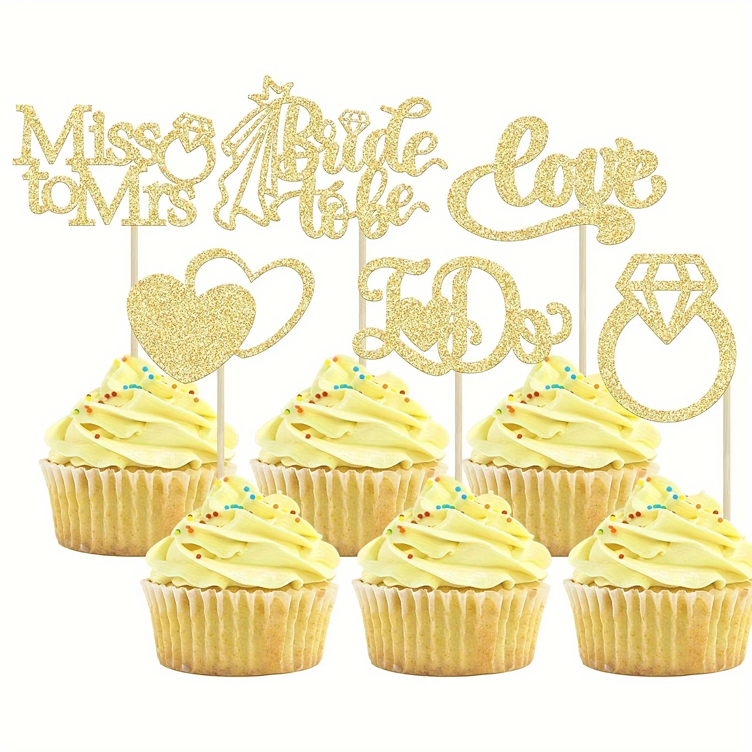 24 Stück Braut-Cupcake-Topper, Goldener Glitzer 'I Do Love' Herzring 'Miss to Mrs', Holz-Cupcake-Picks, Kuchendekoration