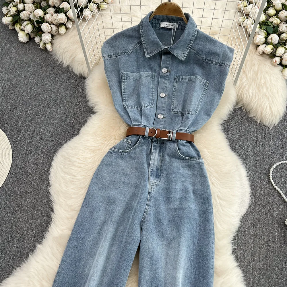 Hole Jeans Jumpsuits Women Denim One Piece Wide Leg Pants Distressed Single Breasted Streetwear Vintage High Waist Jumpsuit