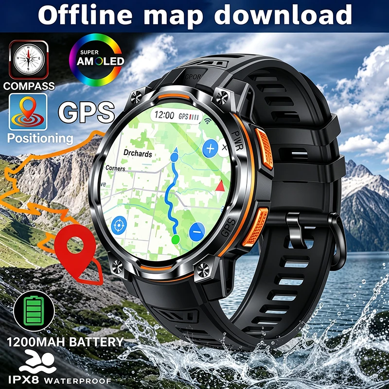 2026 Offline Map New 1200mAh Battery Smart Watch GPS Navigation Compass Altimeter IPX8 Swim Waterproof 170+ Sports Bracelet Men