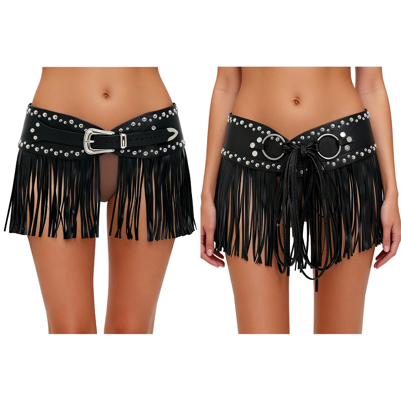 النساء البخار الشرير فو الجلود حزام الخصر المسامير ديكور شرابة هامش قابل للتعديل حزام عريض هالوين المحارب تأثيري التبعي