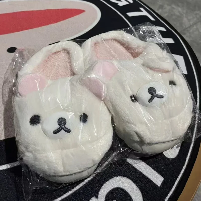 Zapatillas de algodón Kawaii Bear Rilakkuma, bonitas zapatillas planas con punta cerrada para hombres y mujeres, zapatos de invierno con dibujos animados para el hogar, calzado para parejas