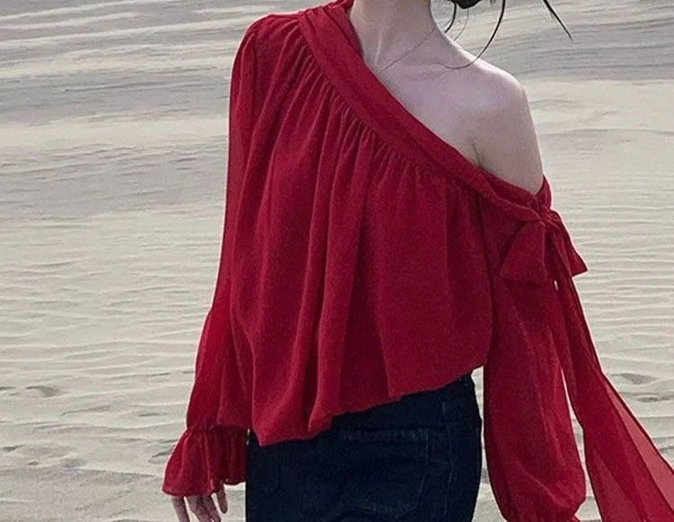 

Top 2026 Stylish Premium Chic Pretty Red Shirt Slash Shoulder Top Women