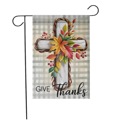 Give Thanks Cross Garden Flag – Rustic Christian Fall Harvest Outdoor Decor JJE DDI GGX