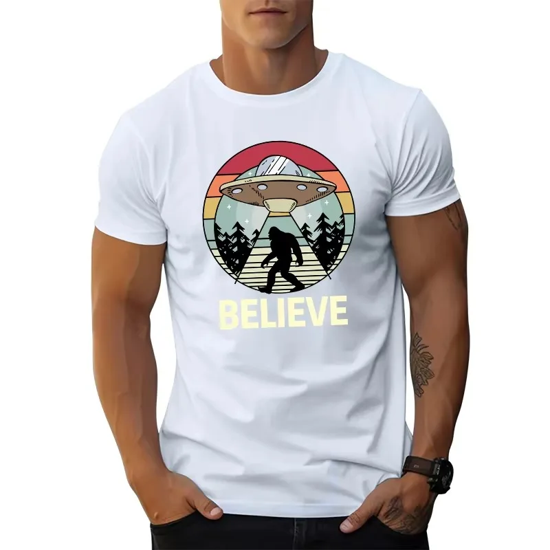 Men Women Short Sleeve Crew Neck T-Shirt Flying Saucer with Portholes Print Bigfoot Silhouette Forest Trees Backdrop