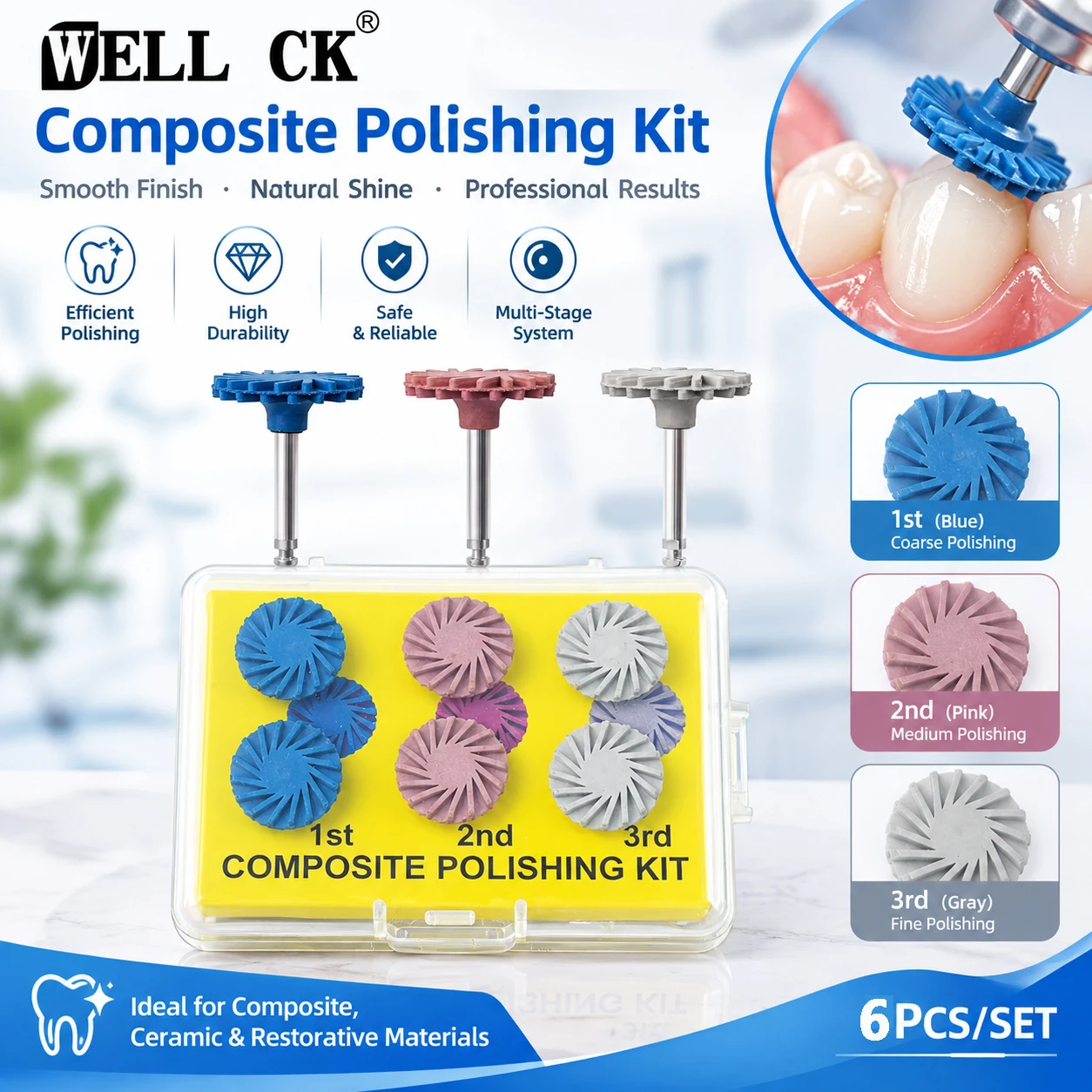 6Pcs WELLCK Dental Rubber Polisher Composite Resin Polishing Diamond System RA Disc Polish Kit Spiral Flex Brush Dentistry