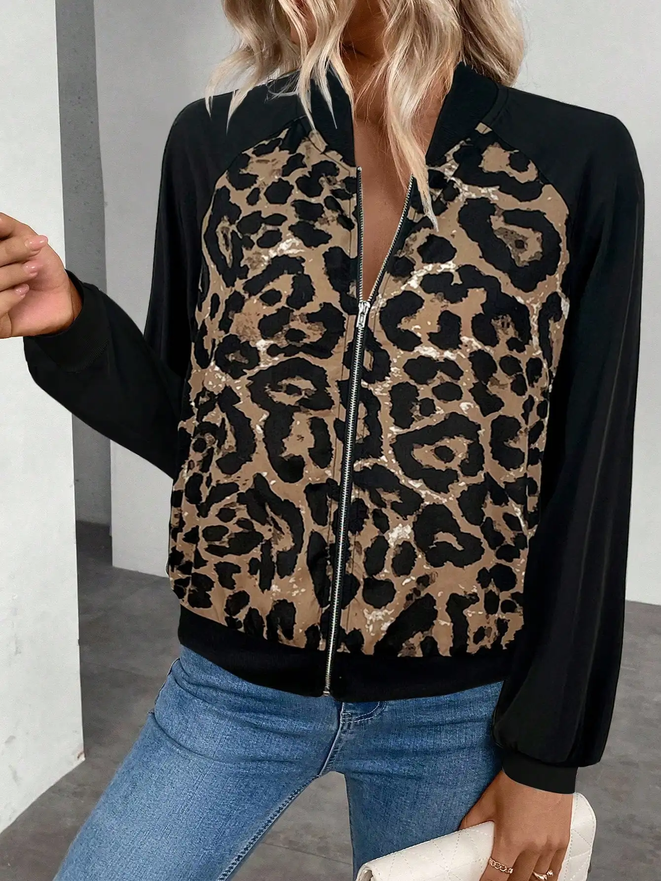 Women's Leopard Print Color Block Raglan Sleeve Er Jacket Zip up Casual Woven Outerwear Autumn 2026