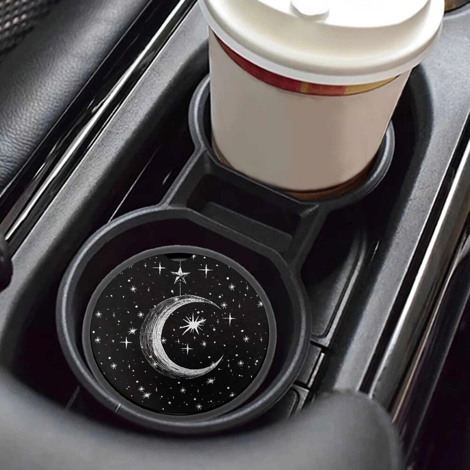 8/4 Pieces of Random Designs Starry Night Car Coasters with Finger Slots for Easy Removal, Car Interior Decoration for Women and Men, Halloween and Christmas Gifts