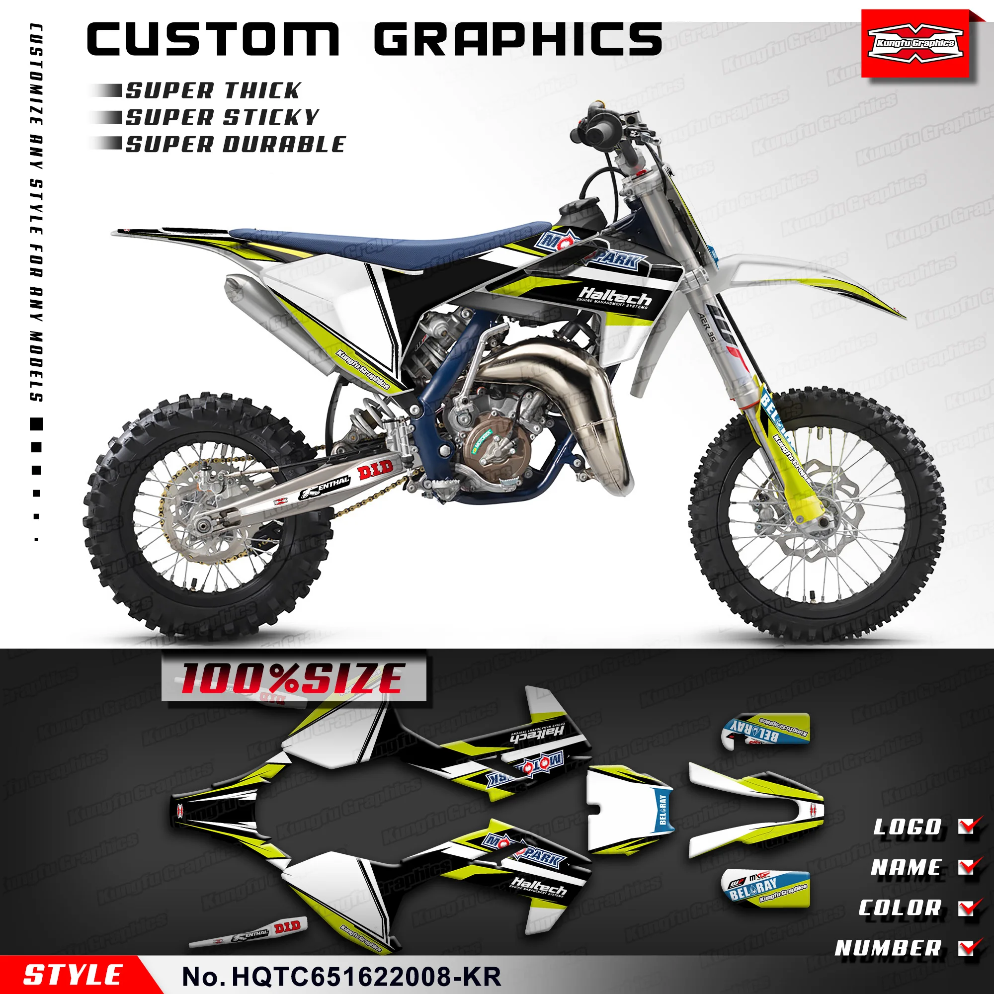 

KUNGFU GRAPHICS Motocross Stickers MX Racing Decals Kit for Husqvarna TC65 TC 65 2016-2023, HQTC651622008-KR