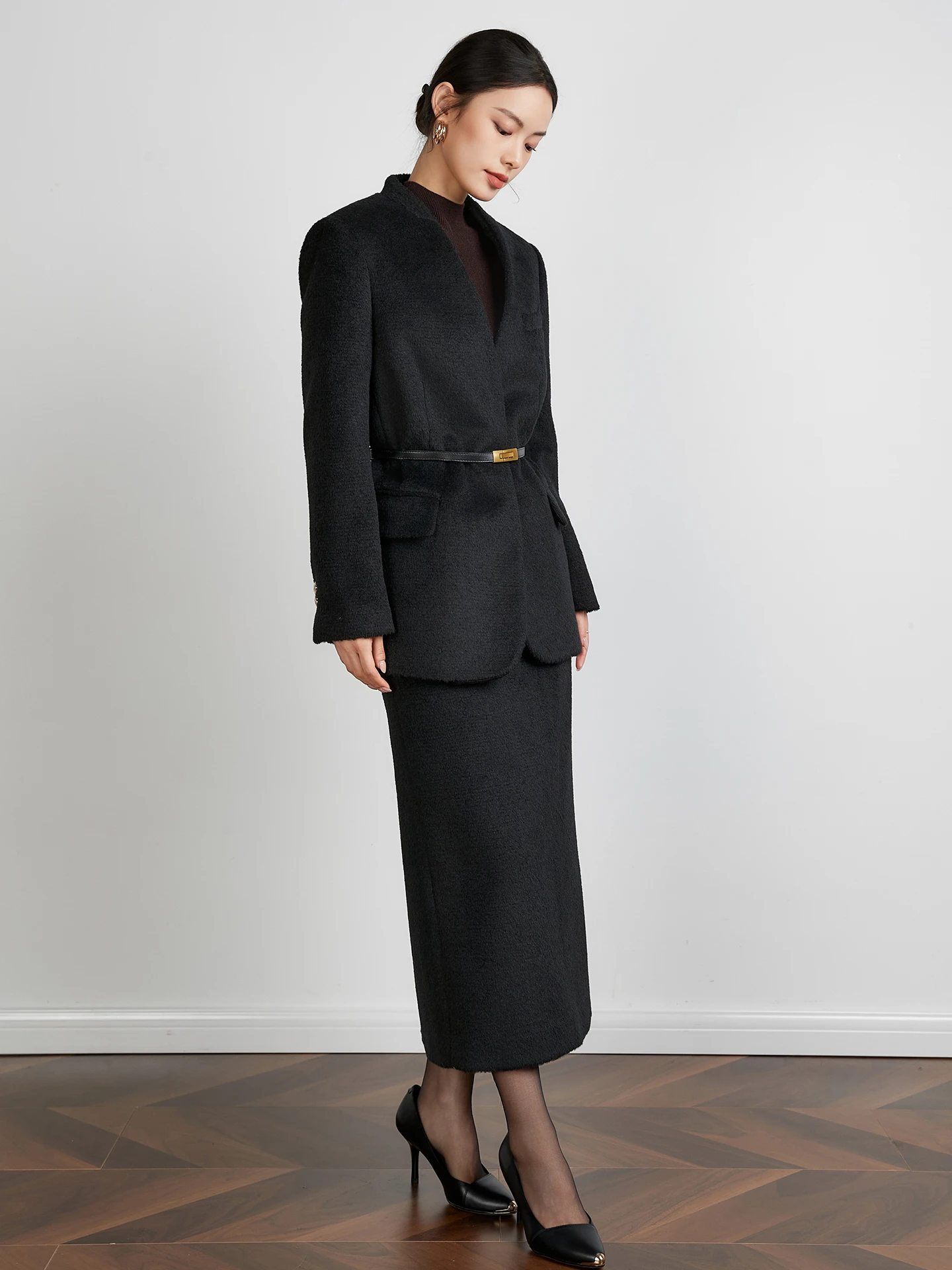 

Bla Woolen Suit Set for Women Profional Commute Busin Sle f Skirt Two Piece Set Slim Fit Warmth Comfortable Wool