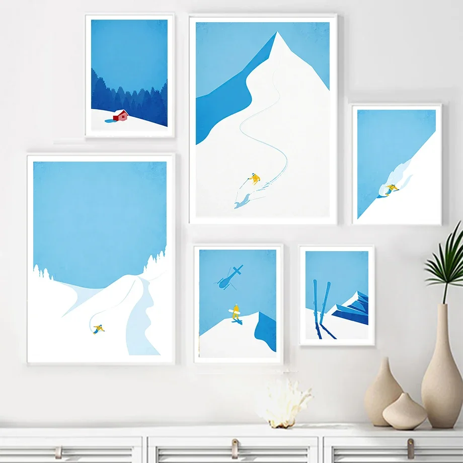 Blue Minimalist Skiing Snowboard Mountain Winter Wall Art Canvas Painting Posters And Prints Wall Pictures For Living Room Decor