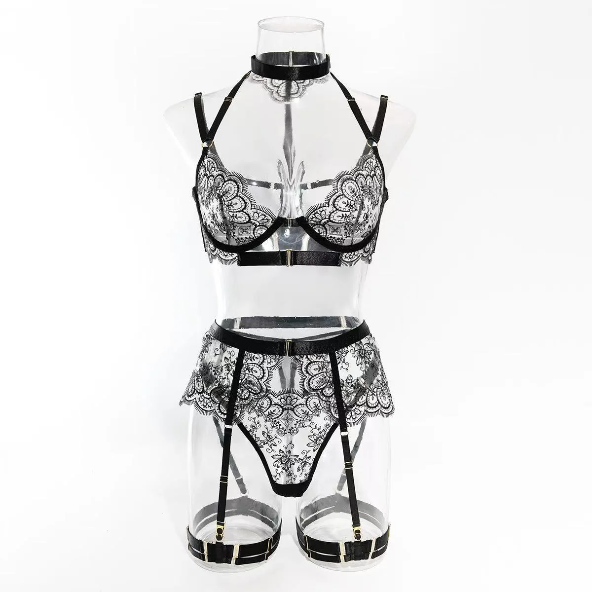 

Embroidered Bra Underwear garter belt fun lingerie sexy and seductive Semi Transparent lingerie set