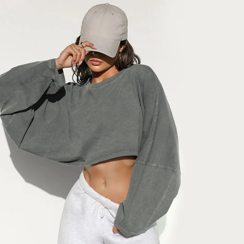 Autumn Women's Clothing Pink Crop Long Sleeve Top for Women Round Neck Sports Pullover Sweatshirt Knit Long Sleeved Crop T-shirt