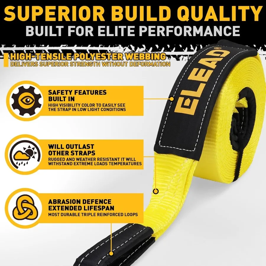 Wytrzymały pas holowniczy z haczykami 3 x 30 stóp, wytrzymałość na rozdarcie 36000 LBS, zawiera 2 szt. szekli z pierścieniem D 3/4 cala do pojazdów ratunkowych