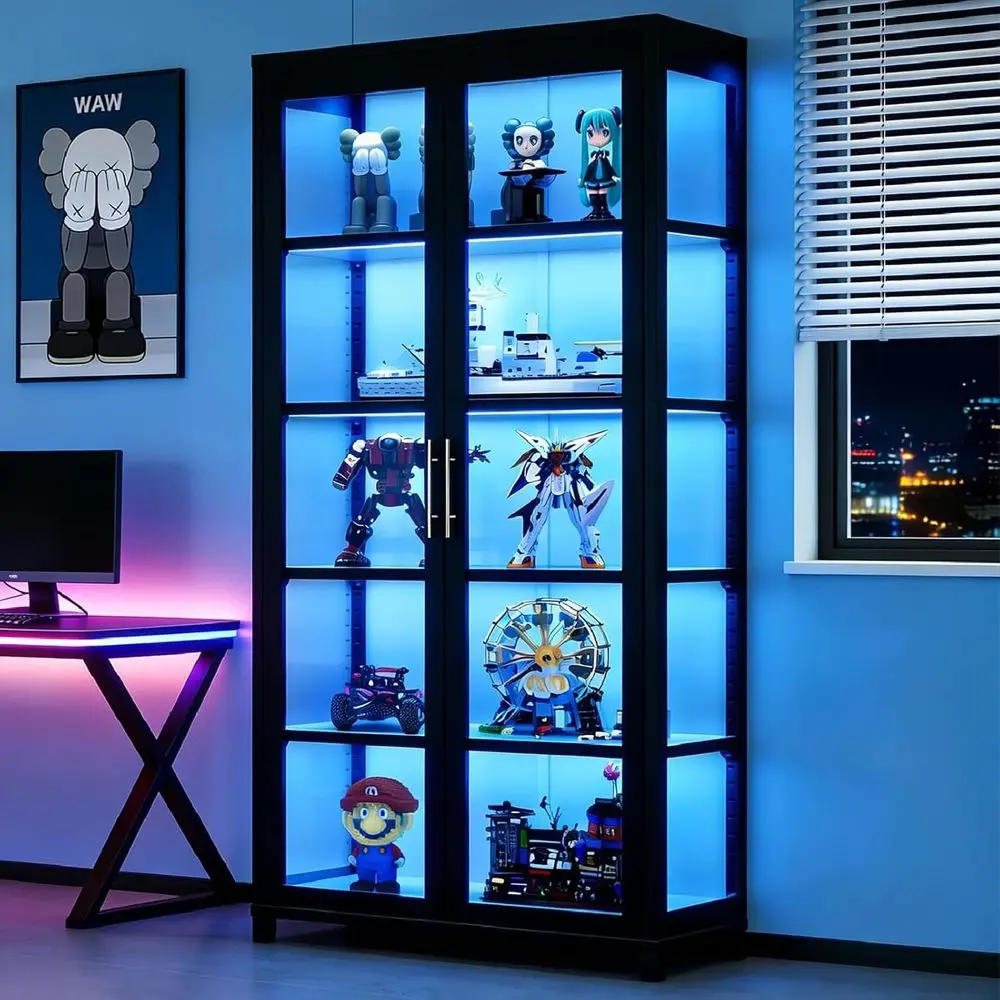 Armário Expositor com Porta de Vidro, Vitrine de 5 Níveis com 4 Prateleiras Ajustáveis para Colecionáveis, Brinquedos e Organização