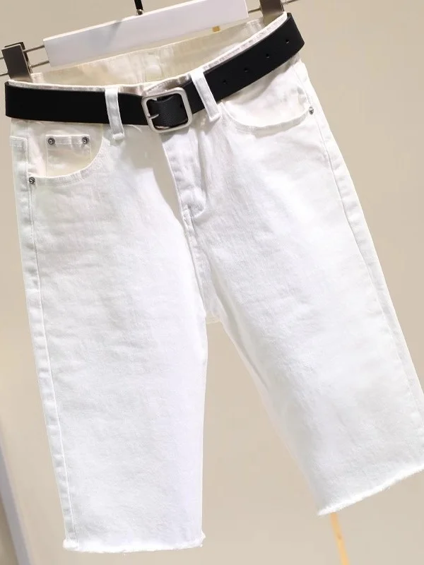 

High Waist Elastic White Five-Point Pencil Jeans Shorts Women's Slim Fit Summer Thinming Cotton Stretch Denim Mid-Thigh Shorts