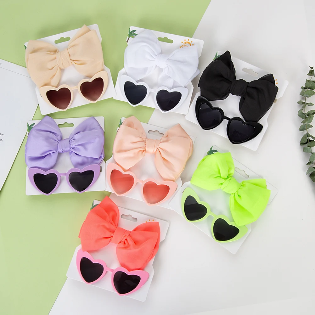 2Pcs/Set Heart Shape Baby Sunglasses with Silk Satin Hair Bow Headbands Fashion Party Gift Headwear Kids Boutique Headdress