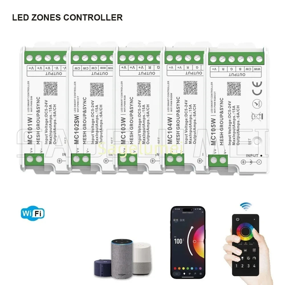101W 102SW 103W 104W 105W WIFI RGBWC Controller 4 Zone MESH Remote Group&Sync Tuya LED Light Strip App/Speaker Control DC5-24V