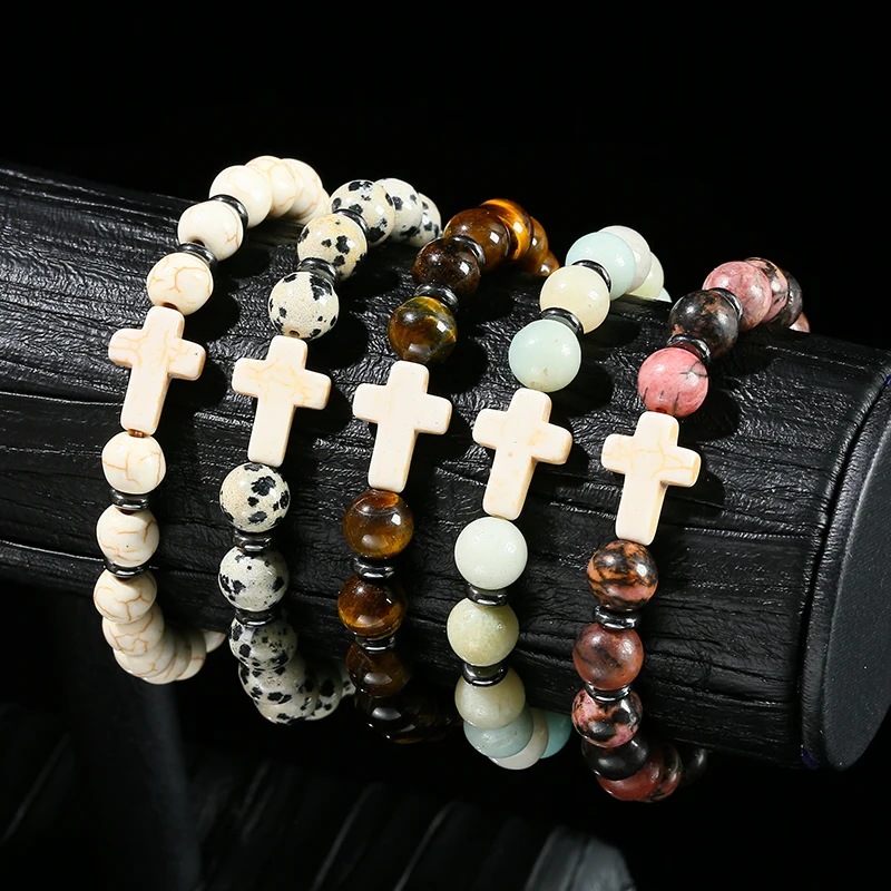 Trendy Jesus Cross Charm Bracelet Women Men Vintage Natural Stone Yellow Tiger Eye Turquoise Bead Bracelets Yoga Prayer Jewelry