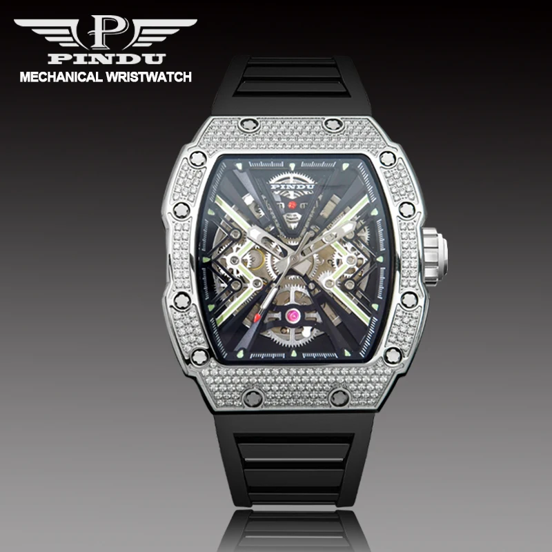 

2025 NEW PINDU Design Mechanical Watch Men TOP-Luxury Sapphire Glass Stainless Steel Fashion Wine Barrel shaped Waterproof Watch