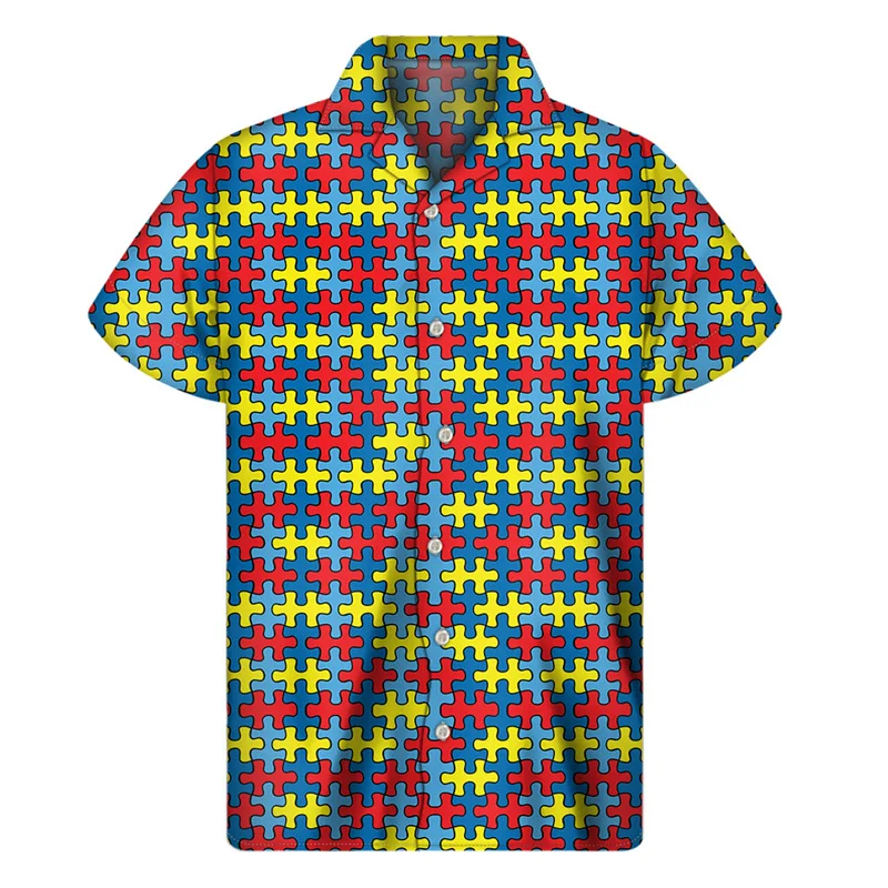 Camisa Aloha para homens e mulheres com impressão 3D, tops havaianos de verão, quebra-cabeça do autismo, blusa de lapela, botão mangas curtas