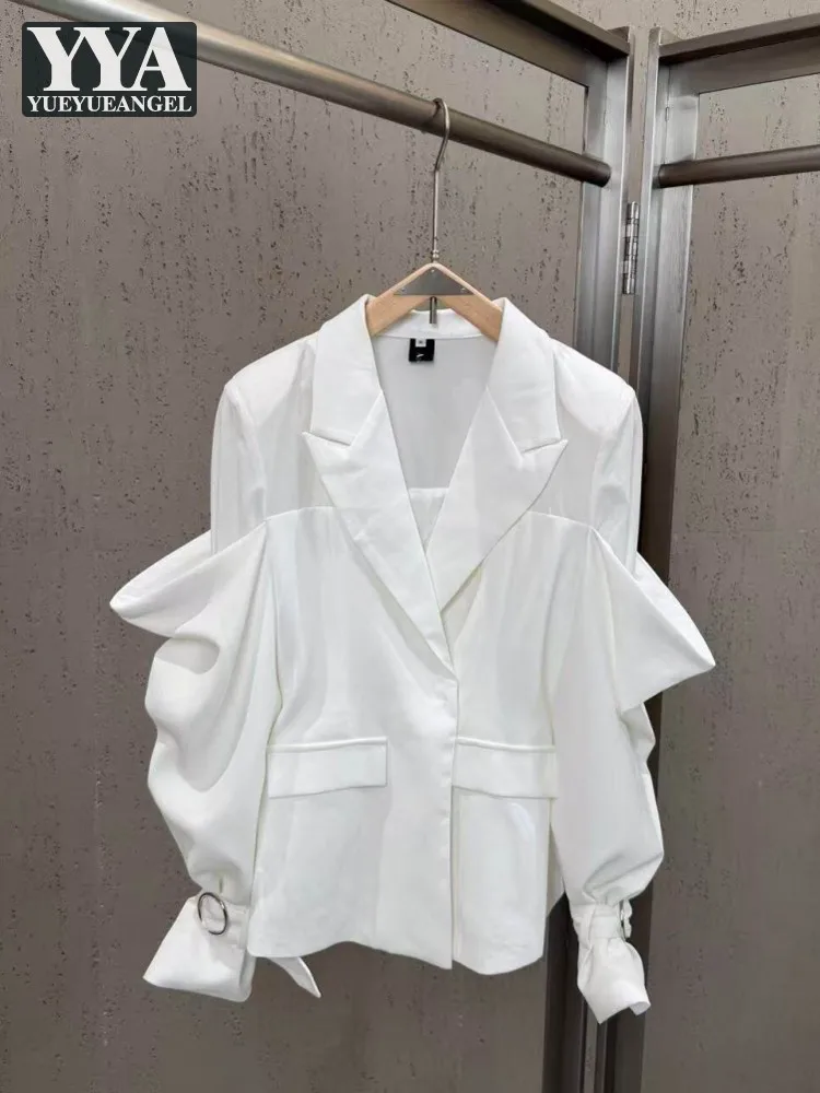 New Women Loose Fit Fashion Casual Suit Jacket Single Breasted Lantern Sleeve Blazers Spring Summer Long Sleeve Ladies Outerwear