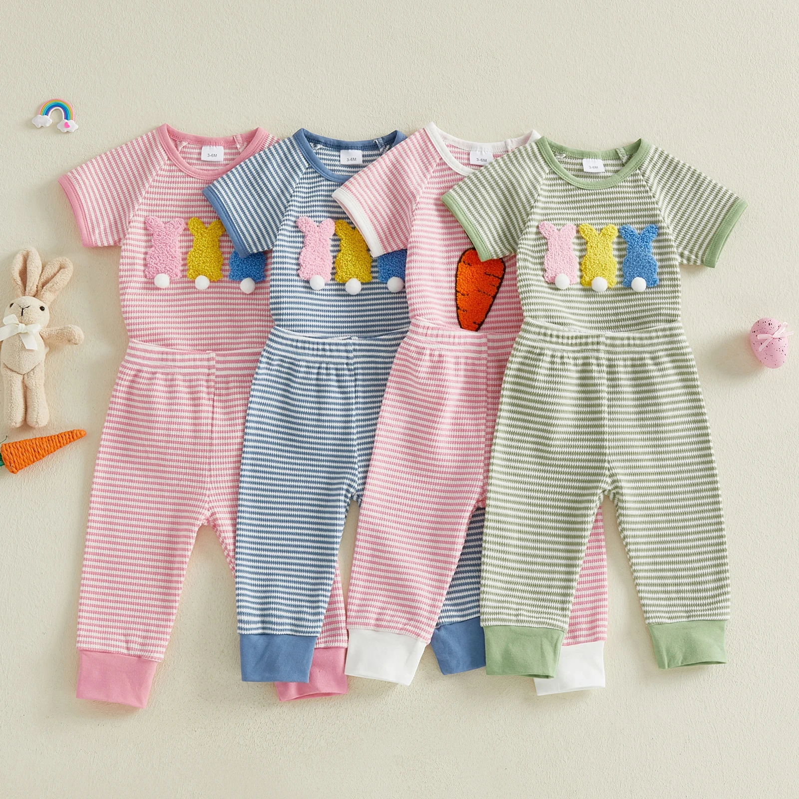 Baby Boys Girls Summer Outfit Short Sleeve Embroidery Carrot Rabbit Romper with Striped Pants 2-piece Outfit Easter Clothes view 5