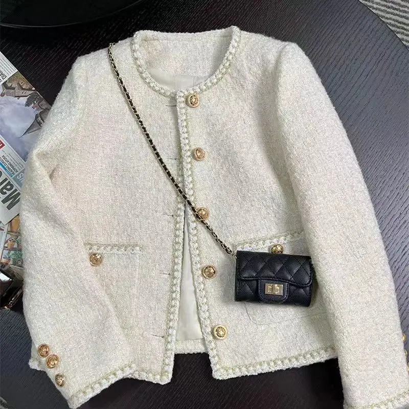 Round Neck Woolen Temperament Chic Short Coat Chic Tweed Blazer Outerwear Blazer Women Spring Autumn Women Tweed Jacket