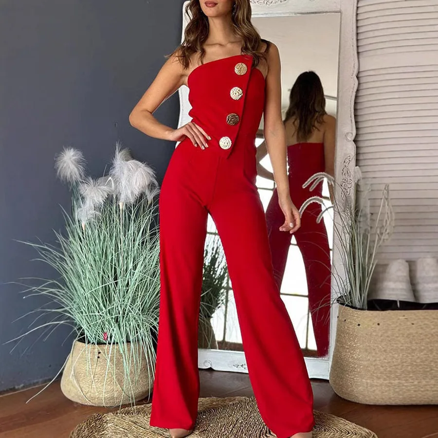 2025 New Red One Shoulder Wide Leg Jumpsuit Gold Buttons Decoration Fashion Temperament Commute Women Romper