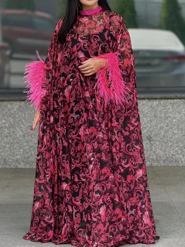 

Spring and summer women's new stand-up collar sequined printed sleeve bat sleeve feather stitching loose cloak dress fashion dre