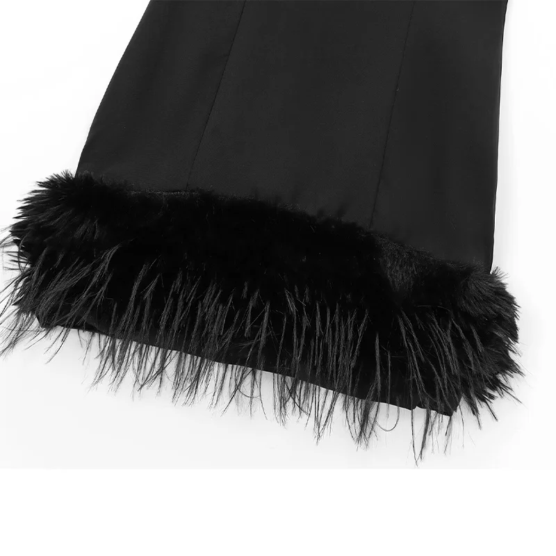 Gonna senza maniche sexy elasticizzata con piume nere con spalle scoperte Reggiseno stretto Abito da donna alla moda Abito da sera da donna