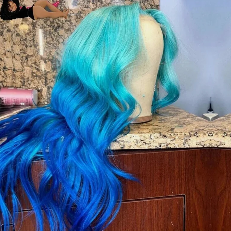 Lace Front T Part Wig Body Wave Ombre Blue Color Wig Synthetic Heat Resistant