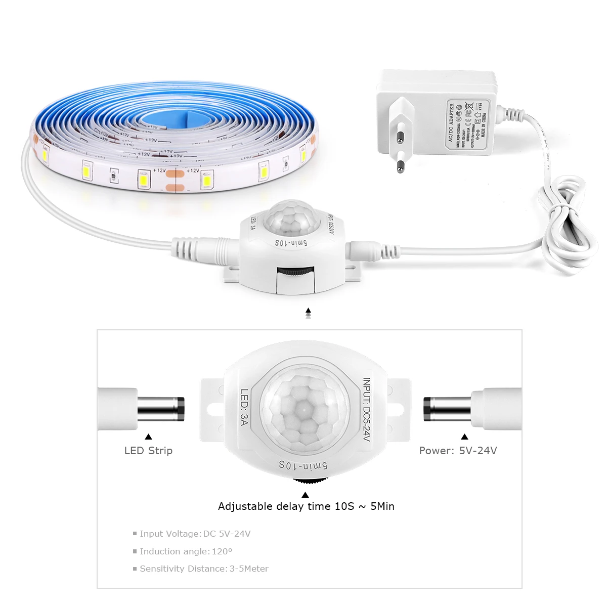 Wodoodporny 2835 pasek Led z 110V 220V do 12V EU moc US przejściówka Pir przełącznik czujnika ruchu ruban światła podszawkowe led