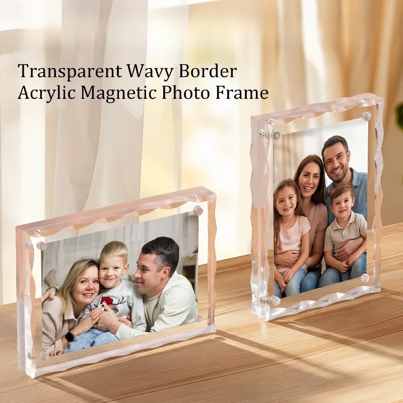 Wave Edge 6/7/8 Inch Acrylic Photo Frame, Chic Clear Magnetic Desk Picture Stand, for Family Portrait Home Tabletop Decor Gift