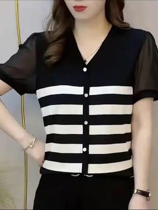 

Faionable полосатая футболка ort-Sve для мам среднего возраста, свободный утягивающий летний топ с высокой талией, корейская повседневная одежда